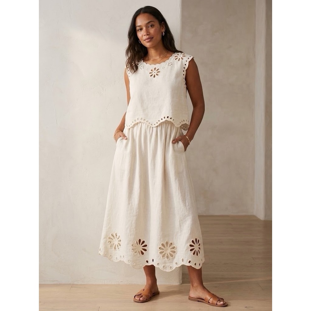 Blu Pepper French Countryside Eyelet Linen Like Top & Skirt Set Sand NWT Size L